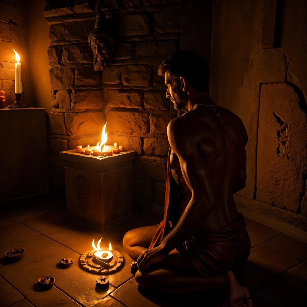 A dark room, a 50 years old man sitting on the floor performing yajna. The back of the man is visible from top angle. The dark room is dimly illuminated by the light of the sacrificial fire.  On the wall in front of the man is a terracotta goddess, seated on Padmasana.