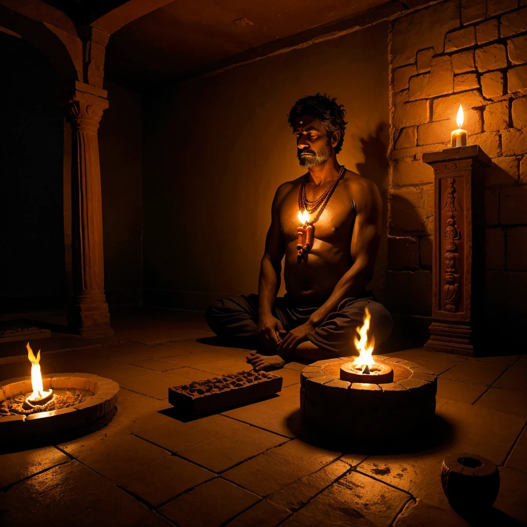 A dark room, a 50 years old man sitting on the floor performing yajna. The back of the man is visible from top angle. The dark room is dimly illuminated by the light of the sacrificial fire. On the wall in front of the man is a terracotta goddess, seated on Padmasana.