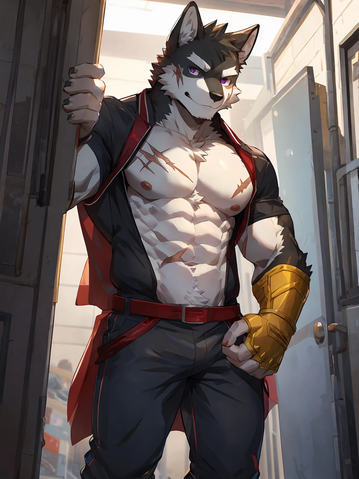 score_9, score_8_up, score_7_up, score_6_up, score_5_up, score_4_up BREAK (furry, anthro, furry art, furry artwork, source_furry, uploaded_on_e621) BREAK barcode tattoos, (mechabare:1.6, broken, damaged, heavily damaged, destroyed, dismembered, dismemberment, severed, severed limbs, severed body, amputee, amputated, missing limbs, robot gore, robot guro), solo, male, adult, white arctic wolf, white fur, athletic, muscles, short messy spiky dark blue hair, detailed eyes, hard nipples, huge uncircumcised erect penis with foreskin, erection, component, mechanical parts, mechanical component, lying, lying on the ground, in a dark dim alleyway, dark dim alleyway background, angry expression, looking away, BREAK good quality, best quality, high quality, high definition, hd, 4k, 8k, masterpiece, intricate, extremely intricate, intricate details