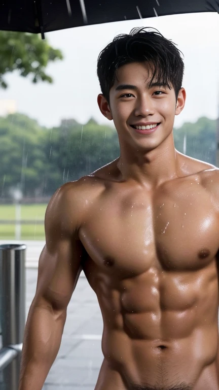 A handsome naked men ,20 age , Short Hair Hair, korea , Student,full naked, front-view, smile ,Pectoral muscles, Wide shoulders ,athlete , Upper body (1.3), It's raining: 1.3, road: 1.2, body dripping wet: 1.1, his penis, manly penis, big ass