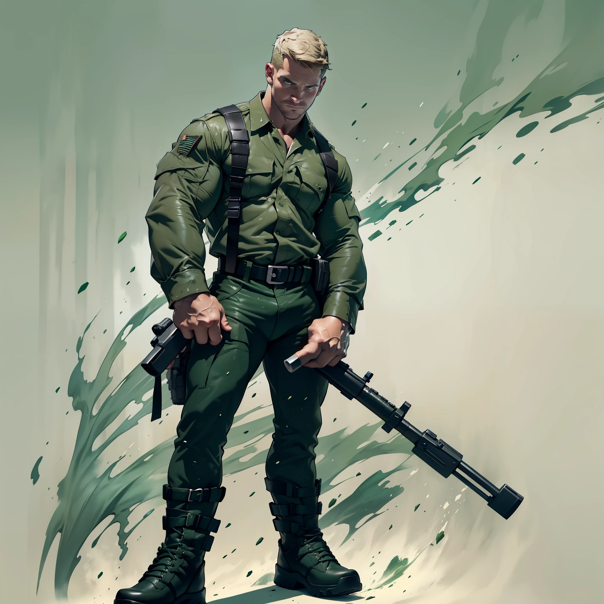 1 man, male focus solo, middle aged man,Stephen AMELL as private army soldier, lean muscle,olive green shirt, camouflage pants ,green belt , dark green boots ,( big bulge), full body shot, dark blond short hair, well groomed facial hair, holding a gun with one hand, , ultra high quality, masterpiece, (clear intense splashed dark green and white paint in the blackground)
