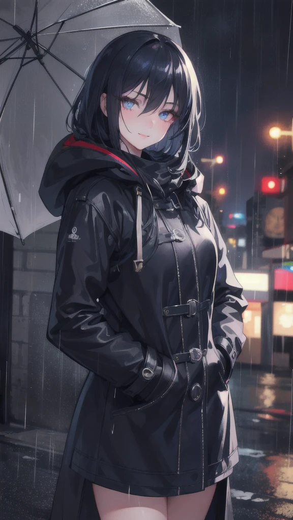 1girl, night city, rain, coat, hands in pockets, beautiful detailed eyes, beautiful detailed lips, extremely detailed face, longeyelashes, urban atmosphere, shy smile, moody lighting, dramatic colors, cinematic, 8k, detailed, photorealistic, masterpiece, professional