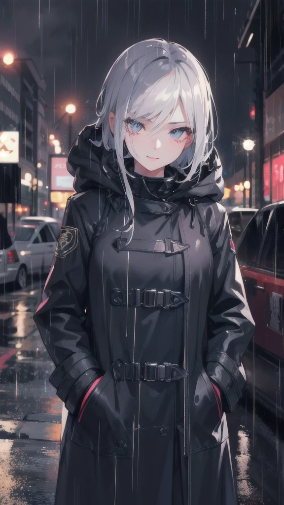 1girl, night city, rain, coat, hands in pockets, beautiful detailed eyes, beautiful detailed lips, extremely detailed face, longeyelashes, urban atmosphere, shy smile, moody lighting, dramatic colors, cinematic, 8k, detailed, photorealistic, masterpiece, professional