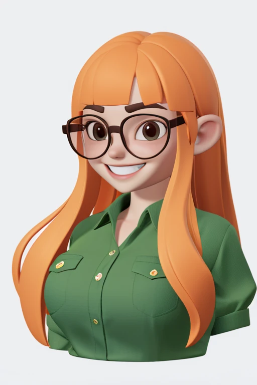 3D render, blender, 1girl, upper body, green long hair, wear glasses, (wear green shirt), 45 degree view shoot, smile, happyï¼blue background), gigantic breasts