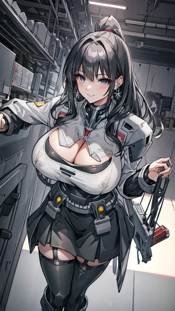 Dark gray translucent mecha,Long black hair,Wavy hair style,Huge Breasts,cleavage,Pistol hanging from waist,fighter pilot,fighter hangar,Sexy,Lipstick,Gray eyes,stockings,Short skirt,Smile,earrings,lipstick,Nipple showing,plump figure,Big Ass