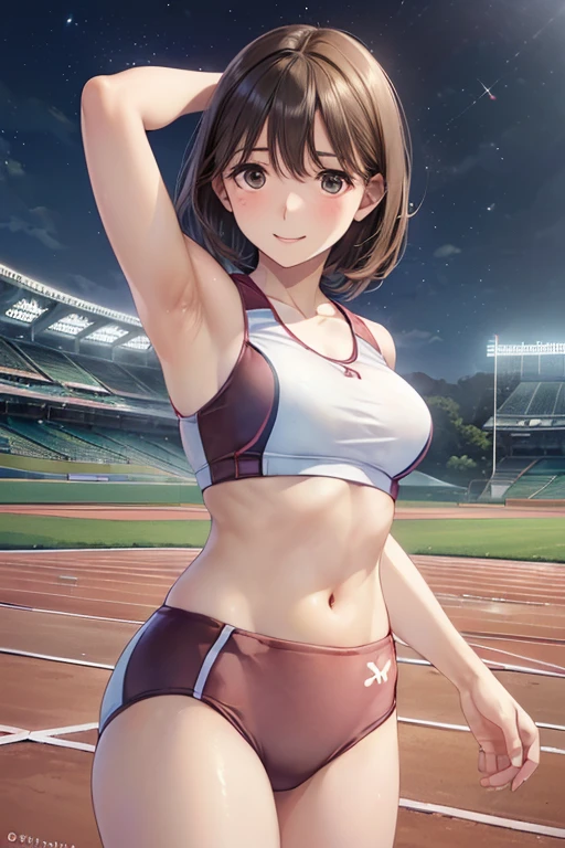 (Tabletop:1.3), (8K, Realistic, RAW Photos, Highest quality: 1.4), Japanese, Beautiful Face, (A vivid face), (Shortcuts:1.3), Realistic eyes, Beautiful Eyes, (anegasaki nene、Shiny brown hair, short hair, (Beautiful brown eyes)、smile、Sparkling eyes, (Fine grain)、Ultra-detailed eyes、Highly detailed face, Highly detailed eyes,Cowboy Shot、 Beautiful Skin, 超High resolution, Surreal, High resolution, Beautiful Japanese Women, (Sports Bra、夜のAthletics Stadium, Athletics Track:1.5), Athletics Stadium, (Show me your armpits:1.4), (Place your hands behind your head:1.2), smile