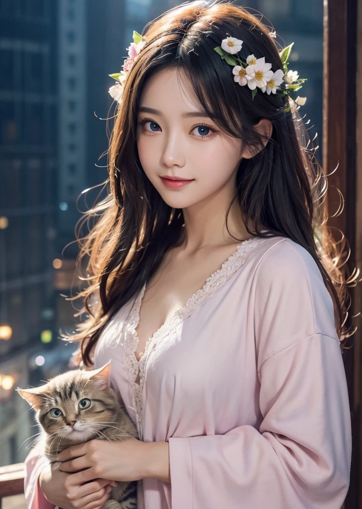 Diffuse lighting、 Highest quality, High resolution, unity 8k wallpaper、Supersaturation, Colorful, fairy tale, dream-like, Movie-like characters, oil, 3d, 8K resolution, Sequins, Sparkling, moonlight, Close-up portrait adorable,Too cute cat, Fine grain, Large, round, reflective eyes,Dreamland、pastel colour、Soft and fluffy pajamas、Facing forward、smile、full moon、Mysterious Flower、