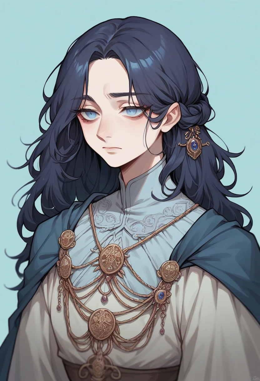 with slanted eyes, long dark hair and a round face full of spots. dressed in a long elven Lord of the Rings themed dress. blue color with purple. light blue background