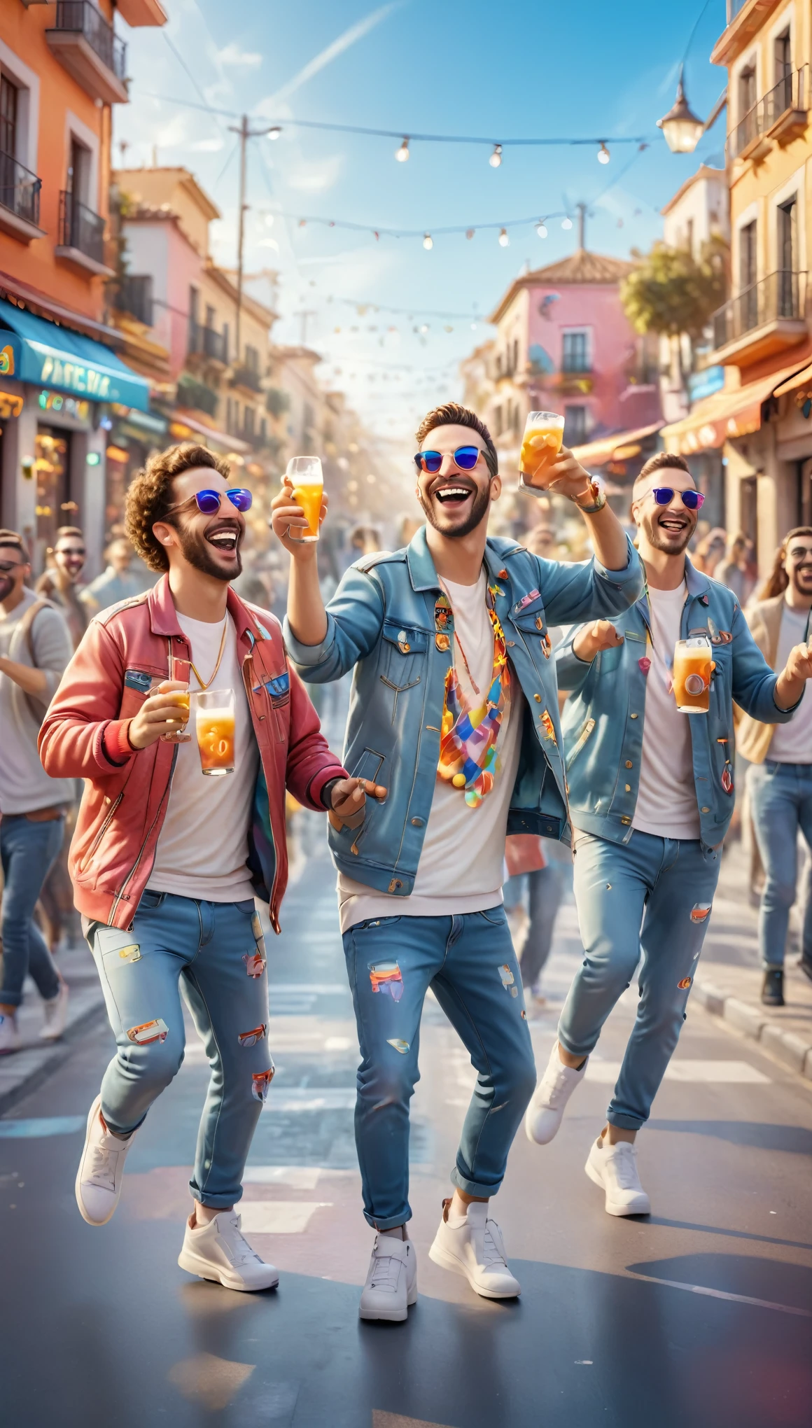 adult WHITE men, spanish, dressed in urban clothes, In an urban landscape and holographic signs、HAPPY DANCING on the road. are drinking and laughing, The background is modern, high tech vibe. Lovely Digital Painting, 3D rendering, Bright lighting, swirly vibrant colors. adult people, pessoas bonitas, different faces.