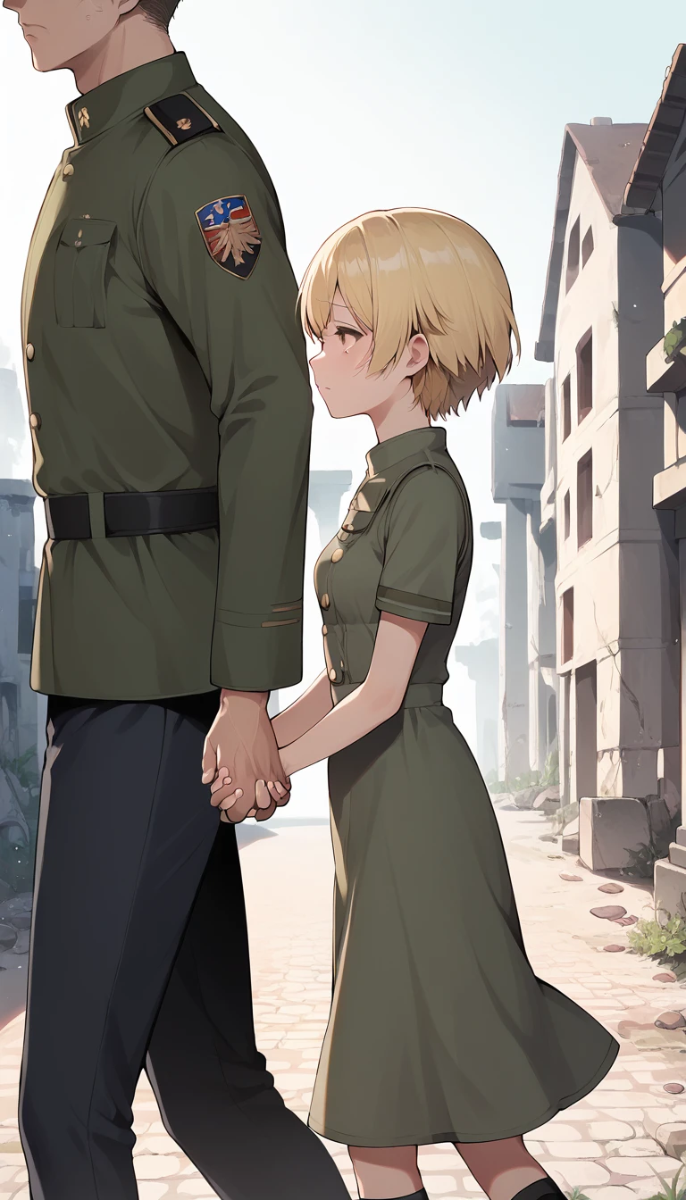 score_9, score_8_up, score_7_up, source_anime BREAK 
1girl, 14yo, _young, from side, small breasts, dirty ragged dress, holding hands, hand in another's hand, blonde short hair, grey eyes, sad face, town ruins, outdoors, walking, size difference, faceless male, male face out of frame, male modern military uniform