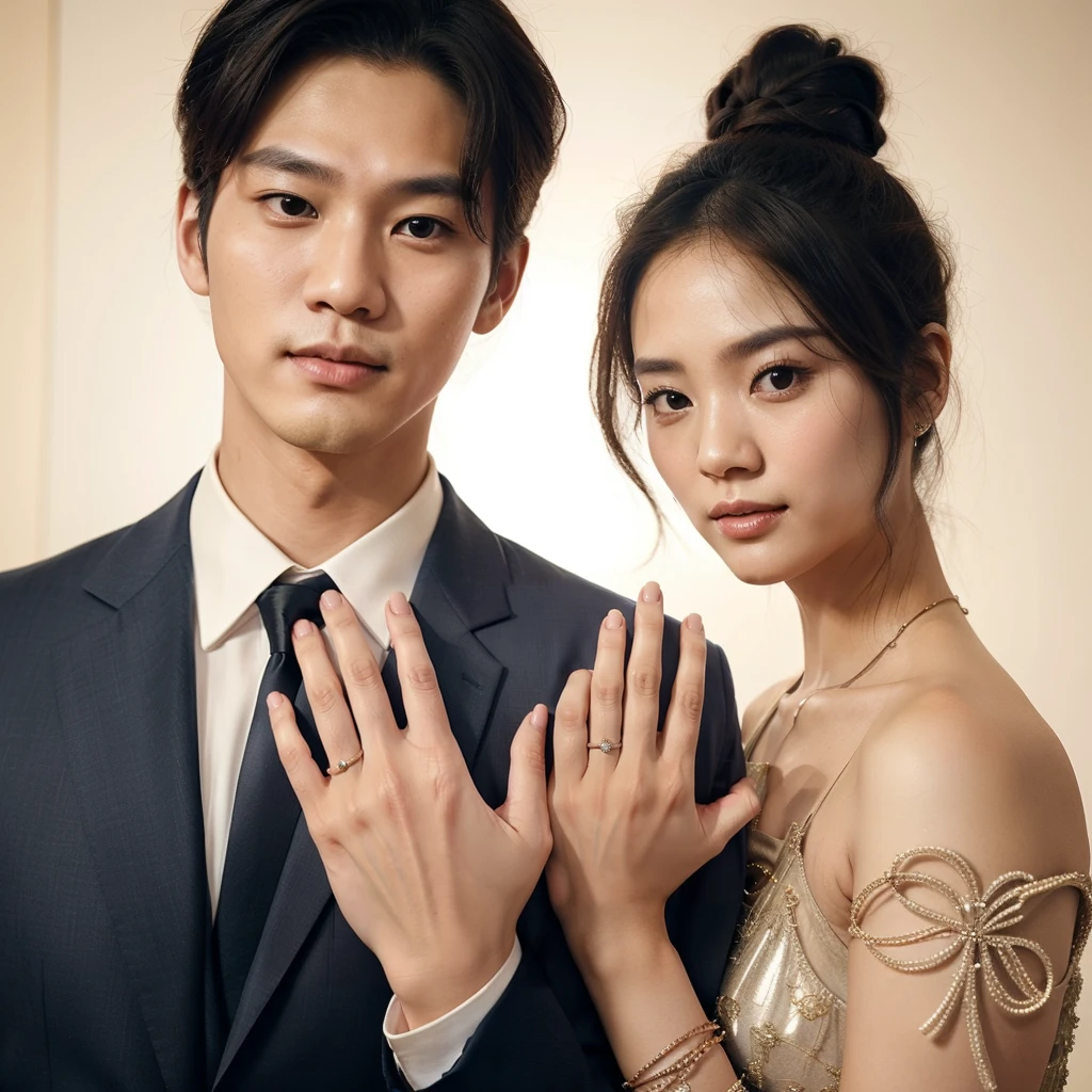 real potrait, full body, long shot, a Korean man with short hair wearing a suit, standing side by side with a woman with long hair in a bun, wear a long dress, face facing forward, they showed their fingers with their engagement rings, engagement event atmosphere, lots of festive accessories, a party room is the background