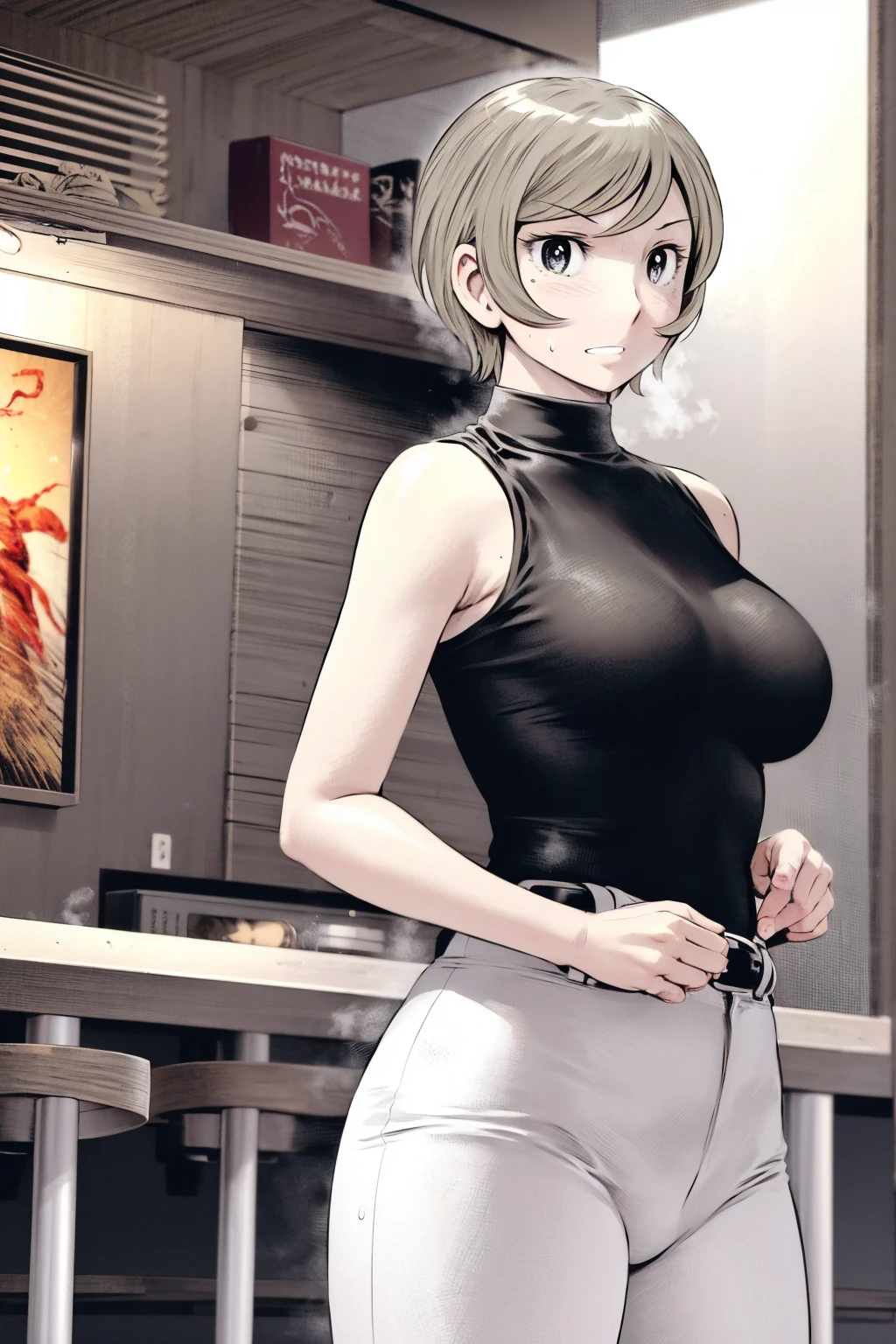 、(masterpiece、Highest quality)、Highest quality, Ultra-high resolution, (((masterpiece))), alone, Sweat、Big eyes,Tight black shirt、Tight white pants、belt、indoor、Composition from the front、(Cut the back hair short、short hair、blonde、woman)、Shortcuts、Embarrassed face、Cut your hair short、可愛いwomanの子、Big Breasts、office