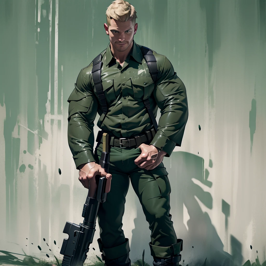1 man, male focus solo, middle aged man,Stephen AMELL as private army soldier, lean muscle,olive green shirt, camouflage pants ,green belt , dark green boots ,( big bulge), full body shot, dark blond short hair, well groomed facial hair, smiling , holding a gun with one hand, , ultra high quality, masterpiece, (clear intense splashed dark green and white paint in the blackground)