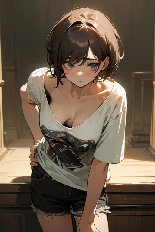 ((masterpiece)), ((best quality)), (Very detailed), Dark, Lovely , (contemptuous), (Exposing breasts), Messy short hair, Look away, White loose T-shirt, Printed shirt, (Loose clothing), vintage, ((Lean forward,)), 露出Lovely, Extended,Hands behind your back