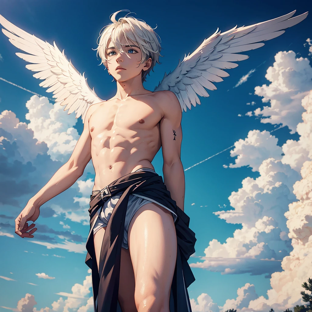  men angels, falling ,Ceu, sunset, clouds, sober colors, Melancholic, Grieving, Scrawny, bonitas, corpo bonitas, rosto Grieving, feathers, wings 