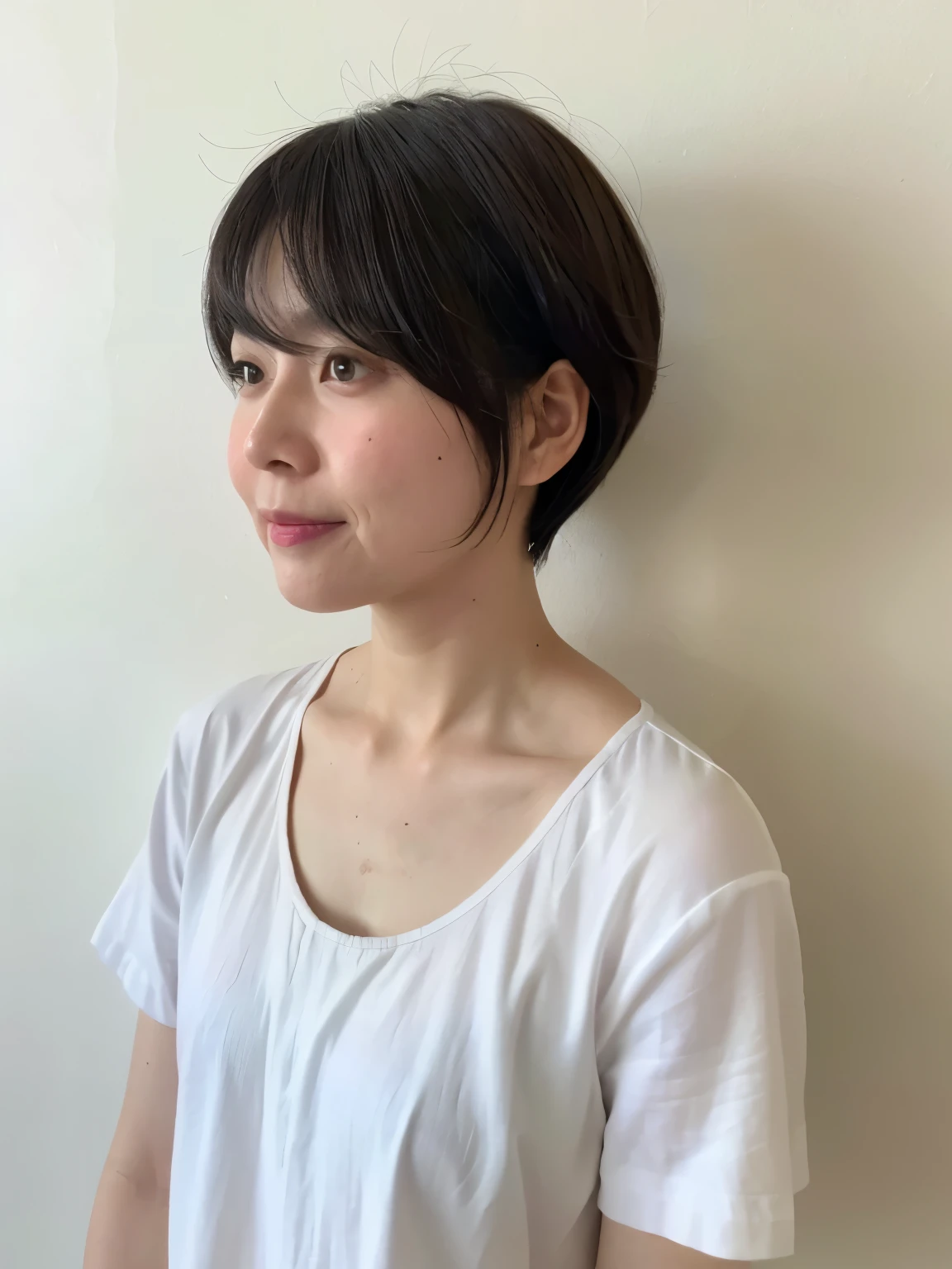 Short sleeve shirt、４０A chubby Japanese woman in her thirties、(White wall in the background、Gray hair)、profile、Photographed in front of a white wall、Layered Cut、Very delicate hair、(In a room with white walls and windows)、((Highest quality、8K、masterpiece:1.3))、Ultra-high resolution、(photoGenuineistic:1.4)、RAW Photos、Japanese,(detailed aspects)、Genuine、Photographed in natural light、Highly detailed face and skin texture、Highly detailed lips、The correct state of the human body、Shortcuts、Short Hair、Various poses、Natural color lip