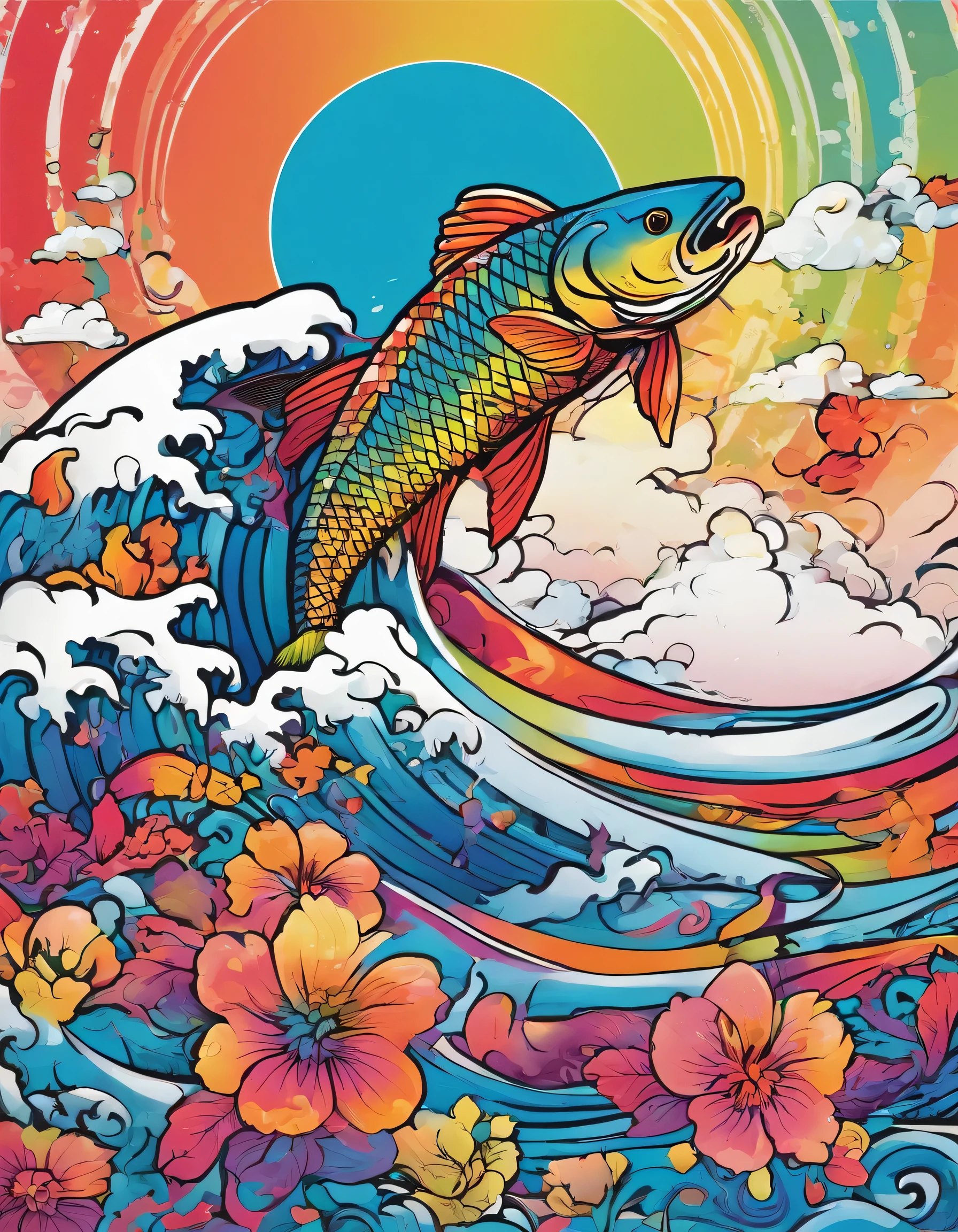 Illustration of Japanese lucky charm "Kikigoi"
"The ""climbing carp"" is a very large, rainbow-colored design with gradation."
run up the rainbow waves
Very gorgeous
The "climbing carp" is,
A gorgeous design that brings happiness to the viewer
Pretty cool
chic and modern design
White background
4k