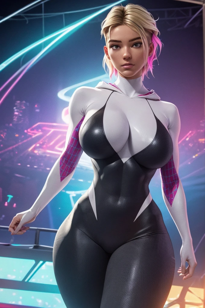(ultra realistic,32k, masterpiece:1.2),(high detailed skin:1.1),( 8k uhd, dslr, high quality:1.1),
Gwen, undercut, blonde, multicolored hair, bodysuit, web-print, hood down, , (huge breast:1.1),
(looking at viewer, Bend forward:1.1),
,(glow in the dark:1.1),A musical concert environment/ big buttocks