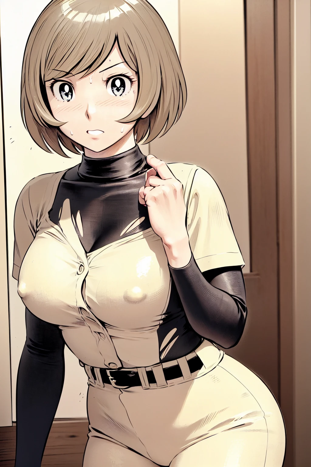 (野球uniform:1.2),
Blonde, (short hair:1.2),Long sleeve, Black Shirt, turtleneck,White trousers、uniform、Black belt、((Illustration of a person))、big 、
View your viewers,, (Highest quality:1.3),One Girl, White pants、uniform、Outdoor、baseball ground、ground、soil、blue eyes、Tight black shirt、(masterpiece、Highest quality)、Highest quality, Ultra-high resolution, (((masterpiece))), alone, Sweat、big eyes、big Breasts、Torn clothes、 fully exposed、Nipples、One Girl, Front view、Embarrassed face、Bronze colored hair、((short hair))、Stand up straight、Cowboy Shot