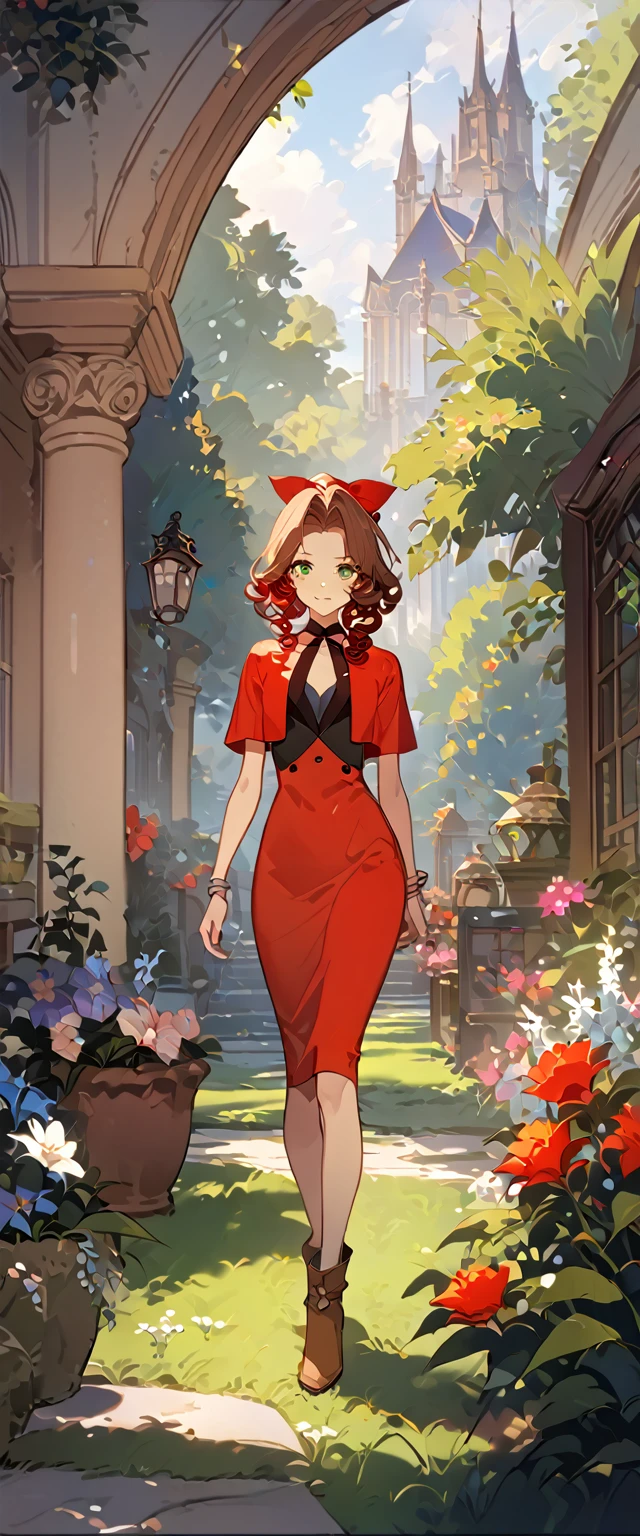 masterpiece, best quality, 8k, 4k, 1girl, aerith gainsborough, brown hair, longer side curly bang, long tight curly ponytail, green eyes, red hair ribbon, red bolero jacket, cropped jacket, black tie choker, long pink straight dress, brown boots, bangles, walking in a garden, flowers, detailed background,, inspired by Asukaziye artist : ask, art style : ask