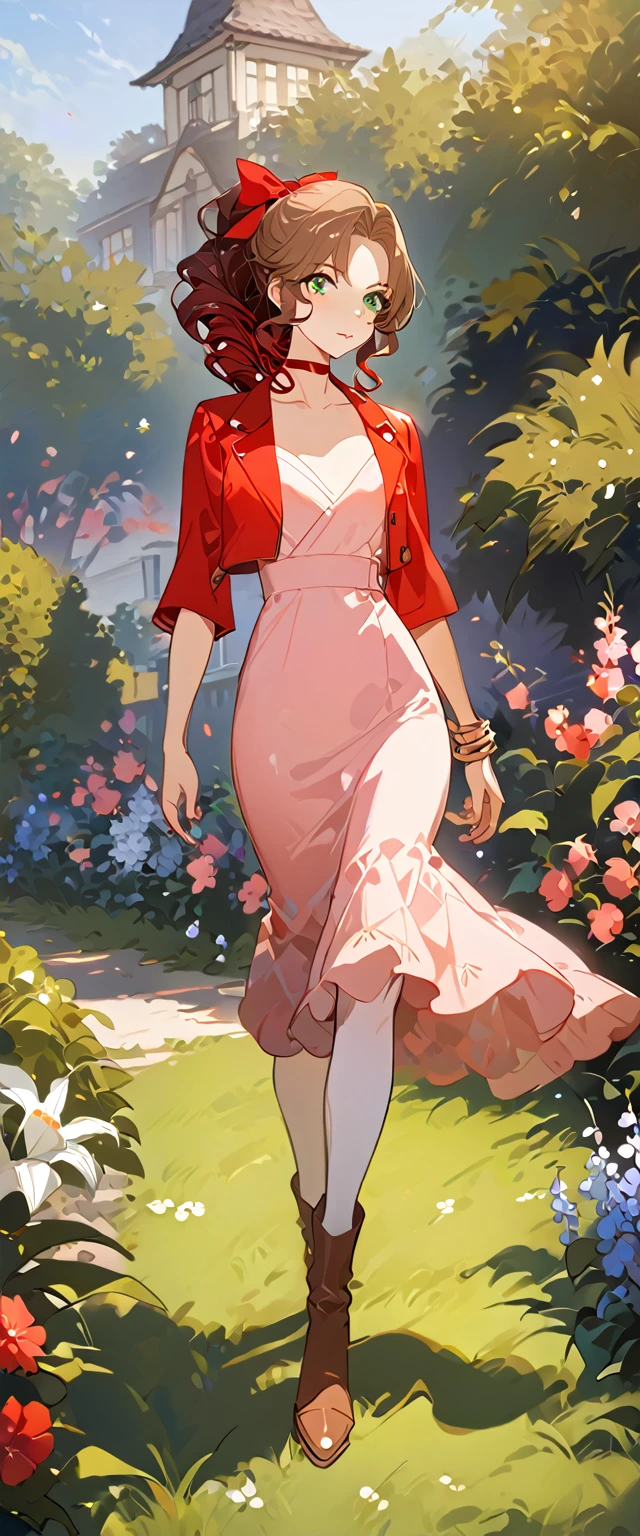 masterpiece, best quality, 8k, 4k, 1girl, aerith gainsborough, brown hair, longer side curly bang, long tight curly ponytail, green eyes, red hair ribbon, red bolero jacket, cropped jacket, black tie choker, long pink straight dress, brown boots, bangles, walking in a garden, flowers, detailed background,, inspired by Asukaziye artist : ask, art style : ask