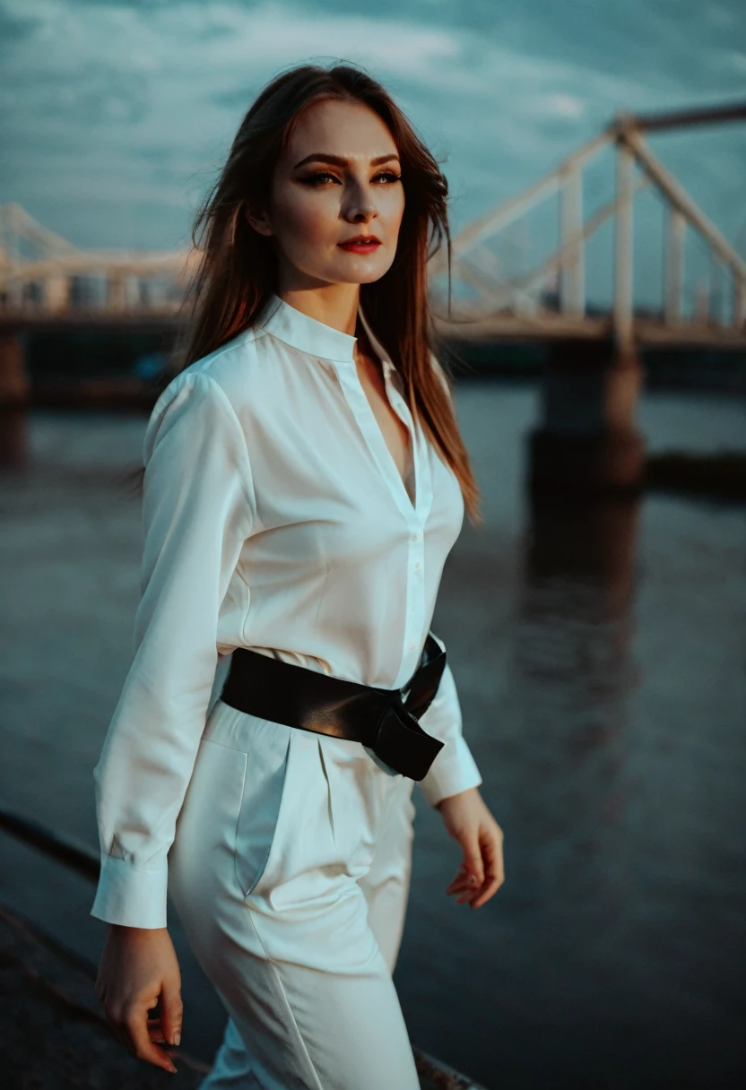 Very beautiful Slavic woman, pale skin, hairlong, A Necromancer, light shadow effects, white trouser suit without unnecessary details, Red blouse, black wide leather belt, photo, crap, sun glare, Against the background of a metal bridge near the shore, water, The city, sun, sundown, Low storm clouds, indigo, photo, slight smile, body complet, sharp-focus, dynamic sexy pose, Helios 44-2, swirling bokeh, sharp-focus, high skin detail, sharpness, Character portrait, perfect lighting, tmasterpiece, Detailed background, Movie Lighting, 8K