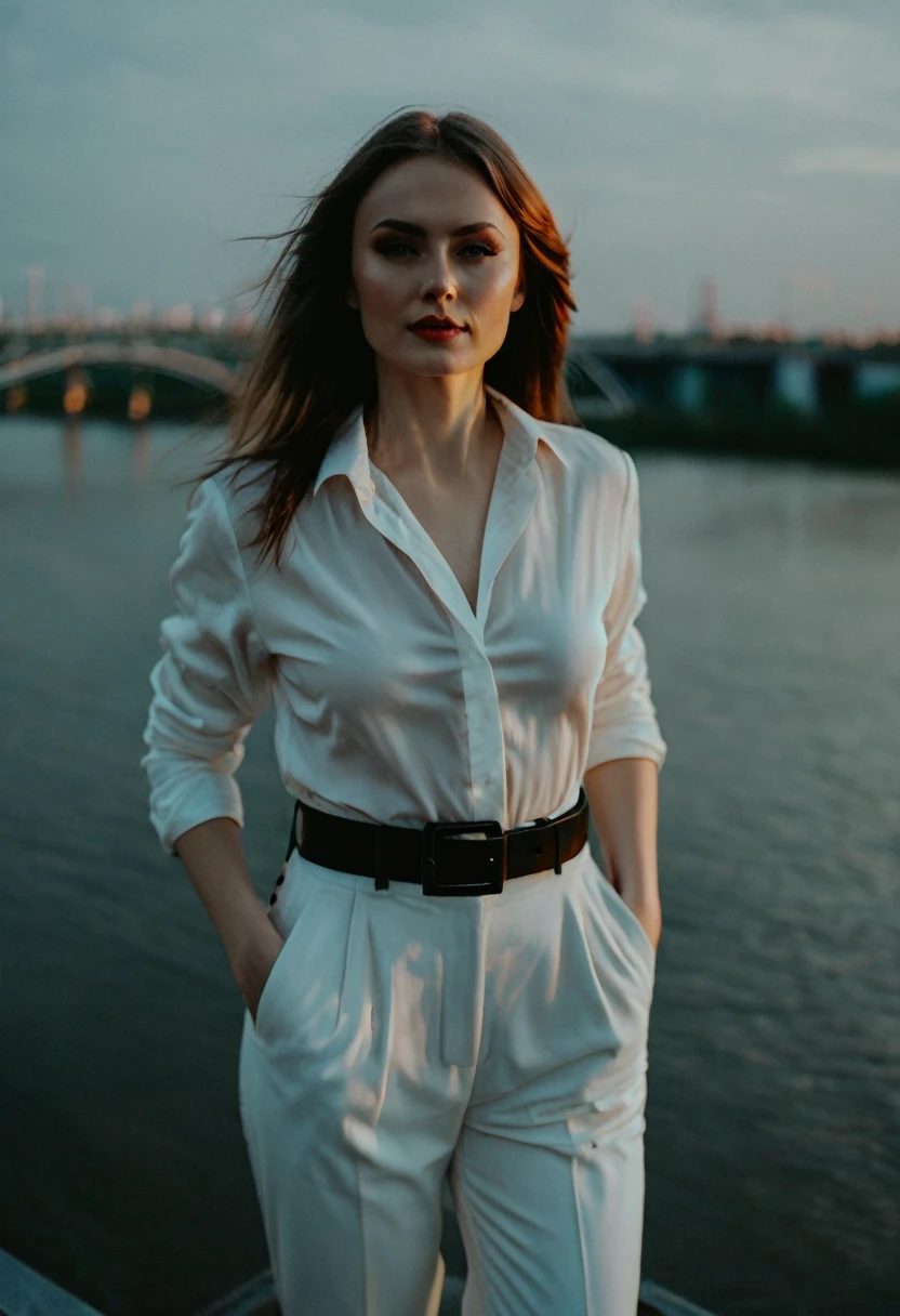 Very beautiful Slavic woman, pale skin, hairlong, A Necromancer, light shadow effects, white trouser suit without unnecessary details, Red blouse, black wide leather belt, photo, crap, sun glare, Against the background of a metal bridge near the shore, water, The city, sun, sundown, Low storm clouds, indigo, photo, slight smile, body complet, sharp-focus, dynamic sexy pose, Helios 44-2, swirling bokeh, sharp-focus, high skin detail, sharpness, Character portrait, perfect lighting, tmasterpiece, Detailed background, Movie Lighting, 8K