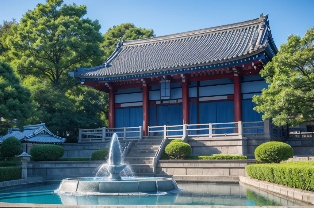 blue sky, blue lighting, japanese building, fountain, small cloud, day time, HDR, 4k resolution