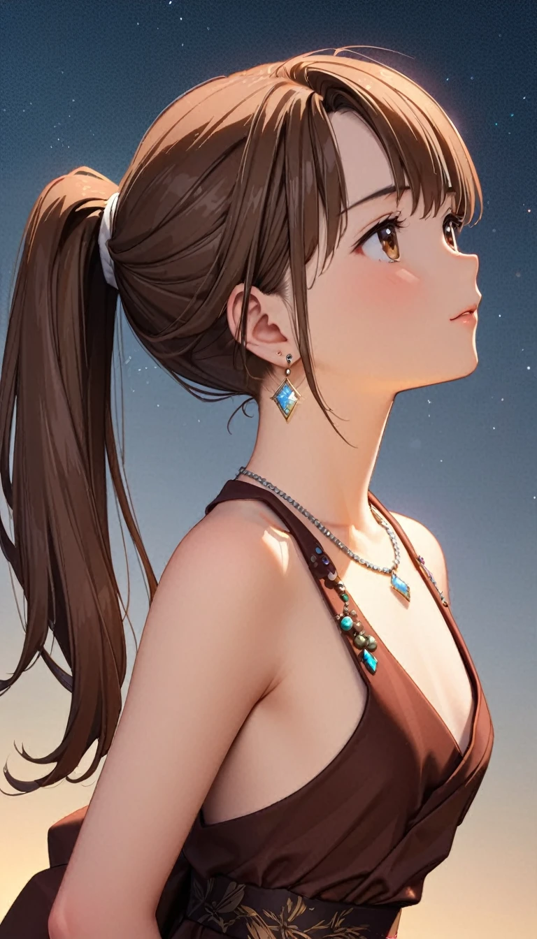 Highest quality、Masseter region、Very detailed、8ｋ、alone、(((Cute 18 year old Japanese、Brown Hair、ponytail、look up_Away:1.2、Look at the sky)))、From behind、Gorgeous brown dress、Gorgeous necklace and earrings with diamonds、