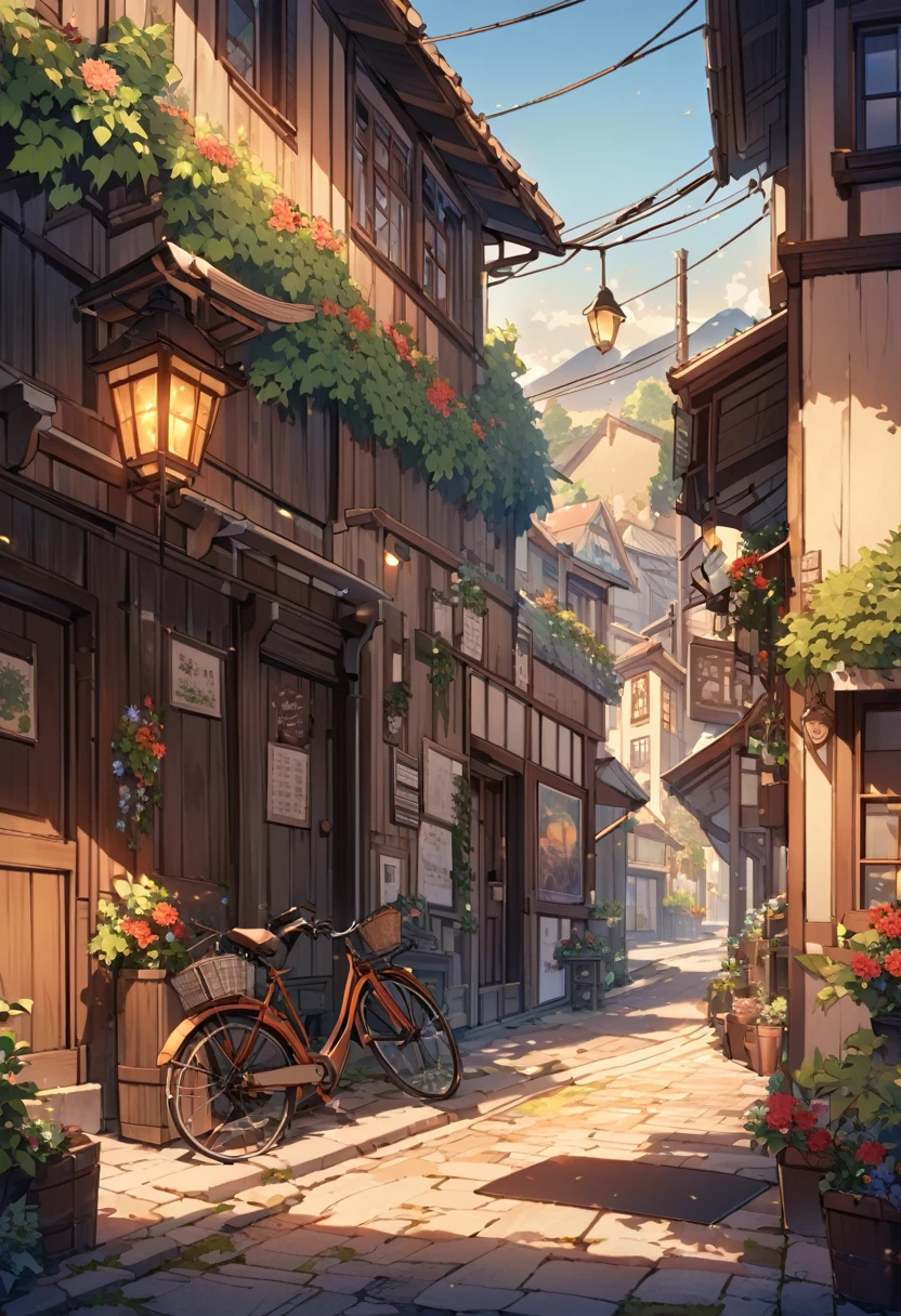 Digital illustration of a serene street scene at sunset. The layout features a narrow road on the right side, leading into the distance with a beautiful view of mountains under a sky painted with warm hues of orange and blue. On the left side, there is a quaint building covered in lush green ivy and adorned with vibrant red flowers in pots. The building has wooden textures and warm lighting emanating from the windows, creating a cozy atmosphere. A bicycle is parked near the entrance, adding to the tranquil setting. Power lines and a street lamp are visible, casting long shadows on the pavement. A chalkboard sign with white text and decorative elements stands near the building, contributing to the charming, rustic feel of the scene.

