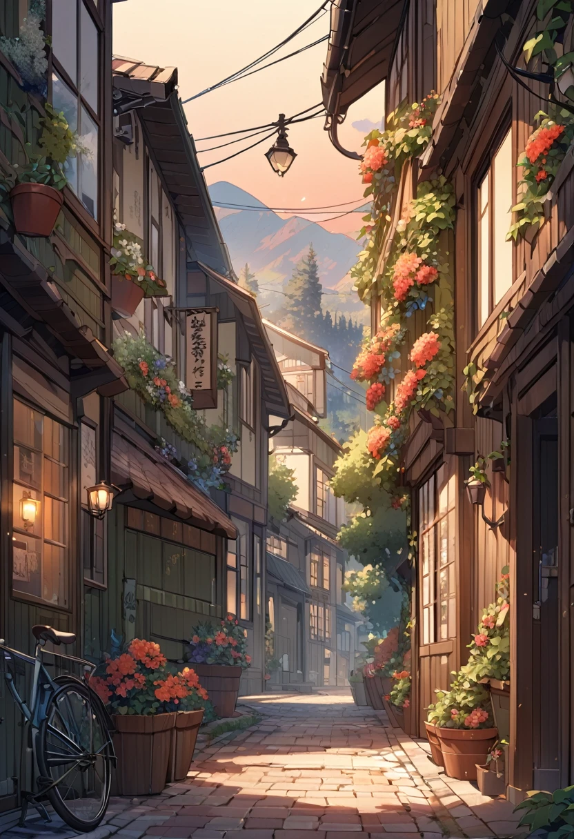Digital illustration of a serene street scene at sunset. The layout features a narrow road on the right side, leading into the distance with a beautiful view of mountains under a sky painted with warm hues of orange and blue. On the left side, there is a quaint building covered in lush green ivy and adorned with vibrant red flowers in pots. The building has wooden textures and warm lighting emanating from the windows, creating a cozy atmosphere. A bicycle is parked near the entrance, adding to the tranquil setting. Power lines and a street lamp are visible, casting long shadows on the pavement. A chalkboard sign with white text and decorative elements stands near the building, contributing to the charming, rustic feel of the scene.