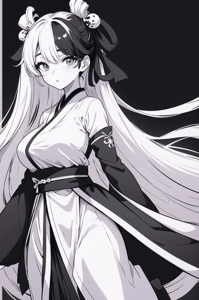 (1 girl), (Long hair), Hair over one eye, hanfu clothes , big breast, Monochrome, Lines, Cross, ((Liner background)), Twin pony tails, ((Inverted colors))