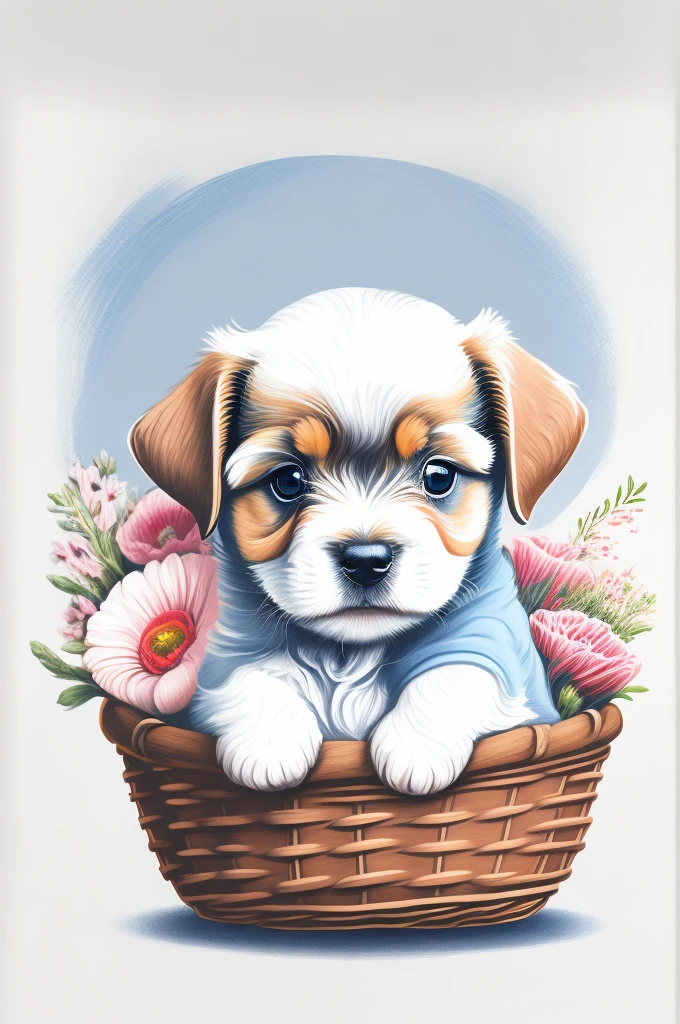 Yorkshire, Puppy, with a basket of flowers)  , t shirt design, rzminjornada, vectorial art, White background