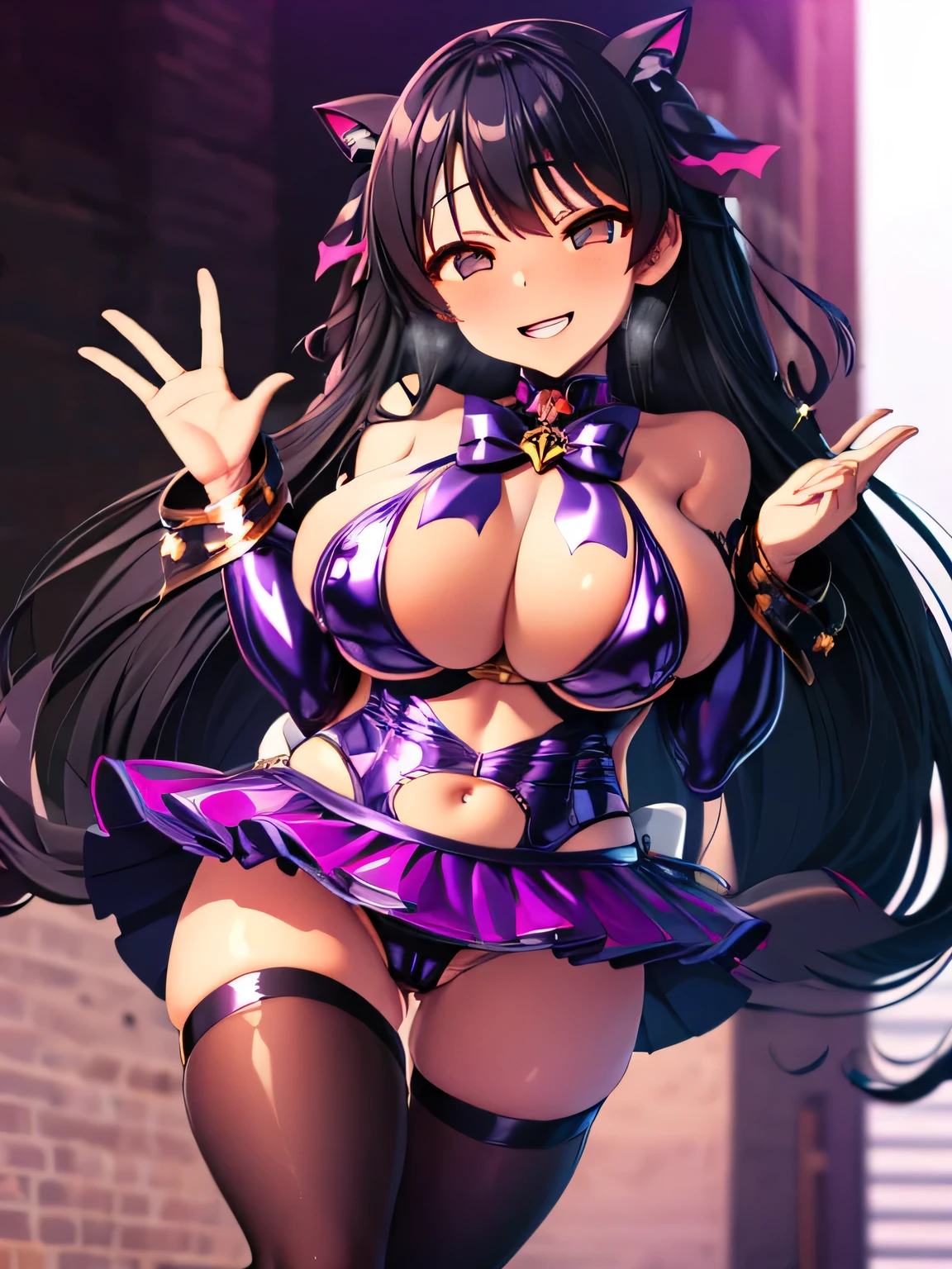 Hair covers glasses、best quality、Very detailed)、((A girl))、((Black Hair、Very long hair、Double tail))、Pink Eyes、Smile、((There are many piercings))、((Very large breasts))、Cowboy shooting、Shot from below、Office Background，((best quality)), ((masterpiece)), (detailed), (character focus、Breast Focus,whole body), Anime 2D Rendering, Realistic young anime women, Five fingers, Perfect face, Beautiful details, Beautiful Body, Beautiful breasts, Beautiful thighs, (Huge breasts)、Beautiful Feet, (Fair and beautiful skin), 、 12 year oirl、 ((Black mini skirt))、(Black pantyhose), ((Grin))、street、She turned her face and body toward the audience，Beautiful face and charming smile，eternal，Hair covering eyes，（Large Breasts），比基尼，Shy，Exceed，Thick Legs，Succubus，Fascinating three-dimensional,Fascinating three-dimensional，Fascinating three-dimensional，Magical girl，Bright Black，（（前发Hair covering eyes））、、Evil、Sailor Suit