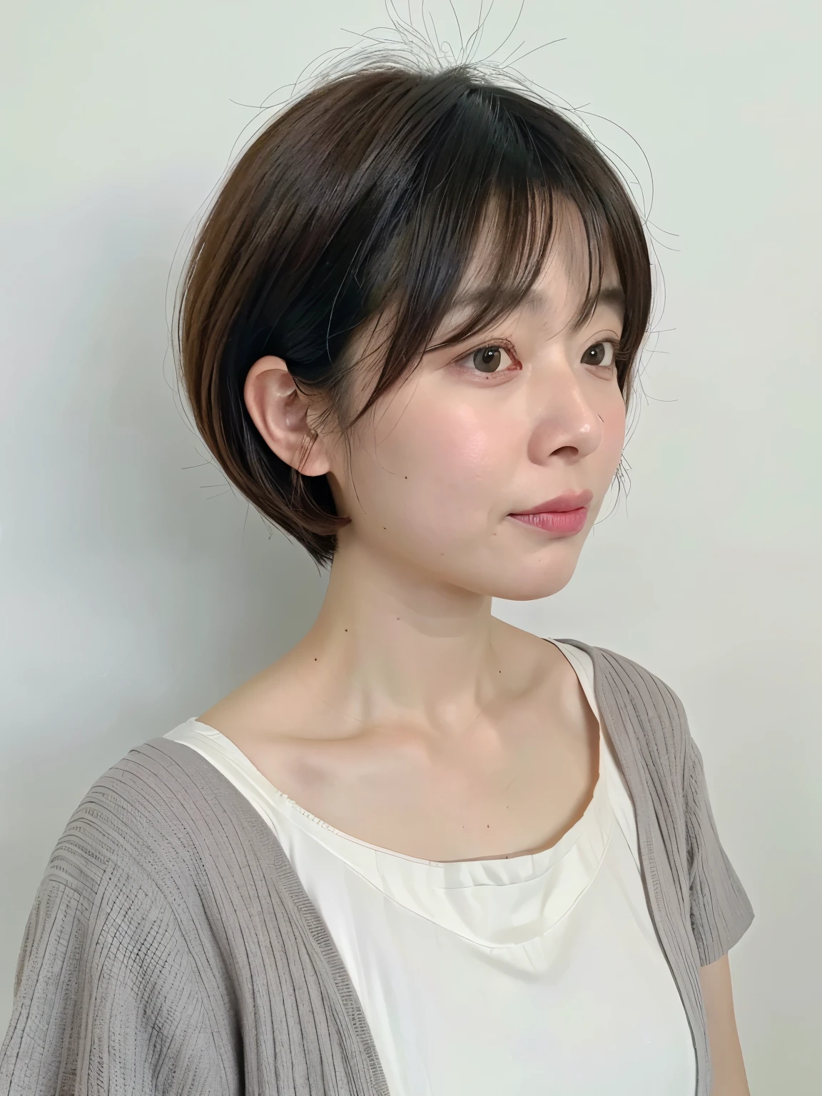 Short sleeve shirt、４０A chubby Japanese woman in her thirties、(White wall in the background、Gray hair)、profile、Photographed in front of a white wall、Layered Cut、Very delicate hair、(In a room with white walls and windows)、((Highest quality、8K、masterpiece:1.3))、Ultra-high resolution、(photoGenuineistic:1.4)、RAW Photos、Japanese,(detailed aspects)、Genuine、Photographed in natural light、Highly detailed face and skin texture、Highly detailed lips、The correct state of the human body、Shortcuts、Short Hair、Various poses、Natural color lip