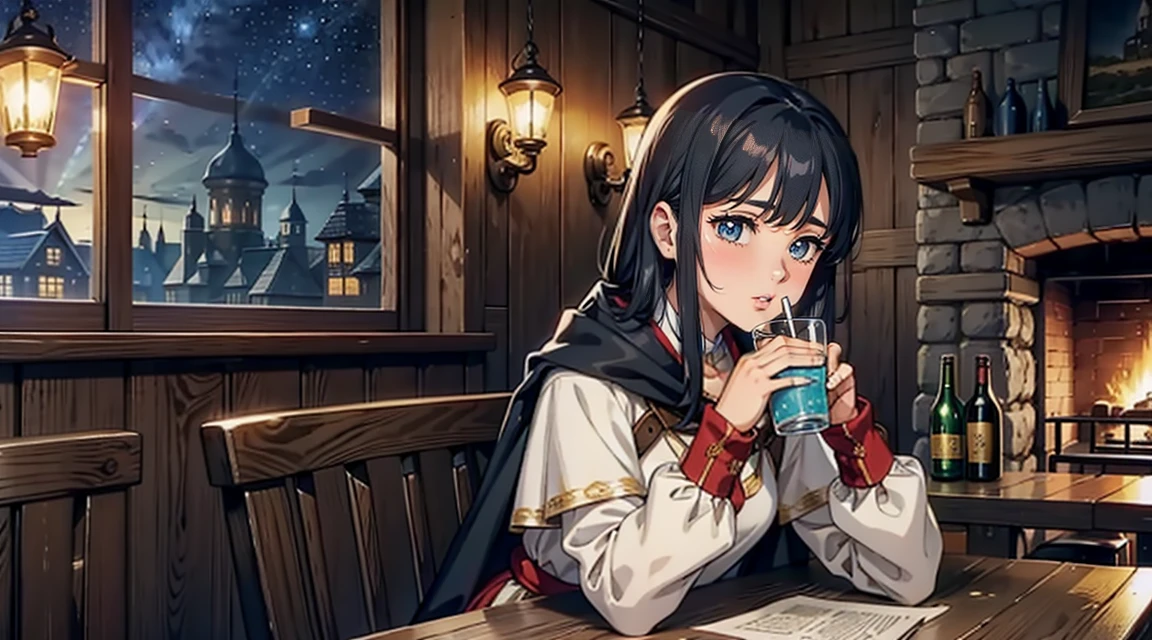 A cozy tavern in a medieval fantasy city, known as 'Night Sky Tavern', with a warm and inviting interior. The tavern is filled with wooden tables and chairs, a fireplace crackling in the corner, and shelves lined with bottles. Starry light streams through the windows, casting a magical glow. A female traveler sits at a table, enjoying a drink. She has long, dark hair, tan skin, and wears a cloak and adventurer's gear.