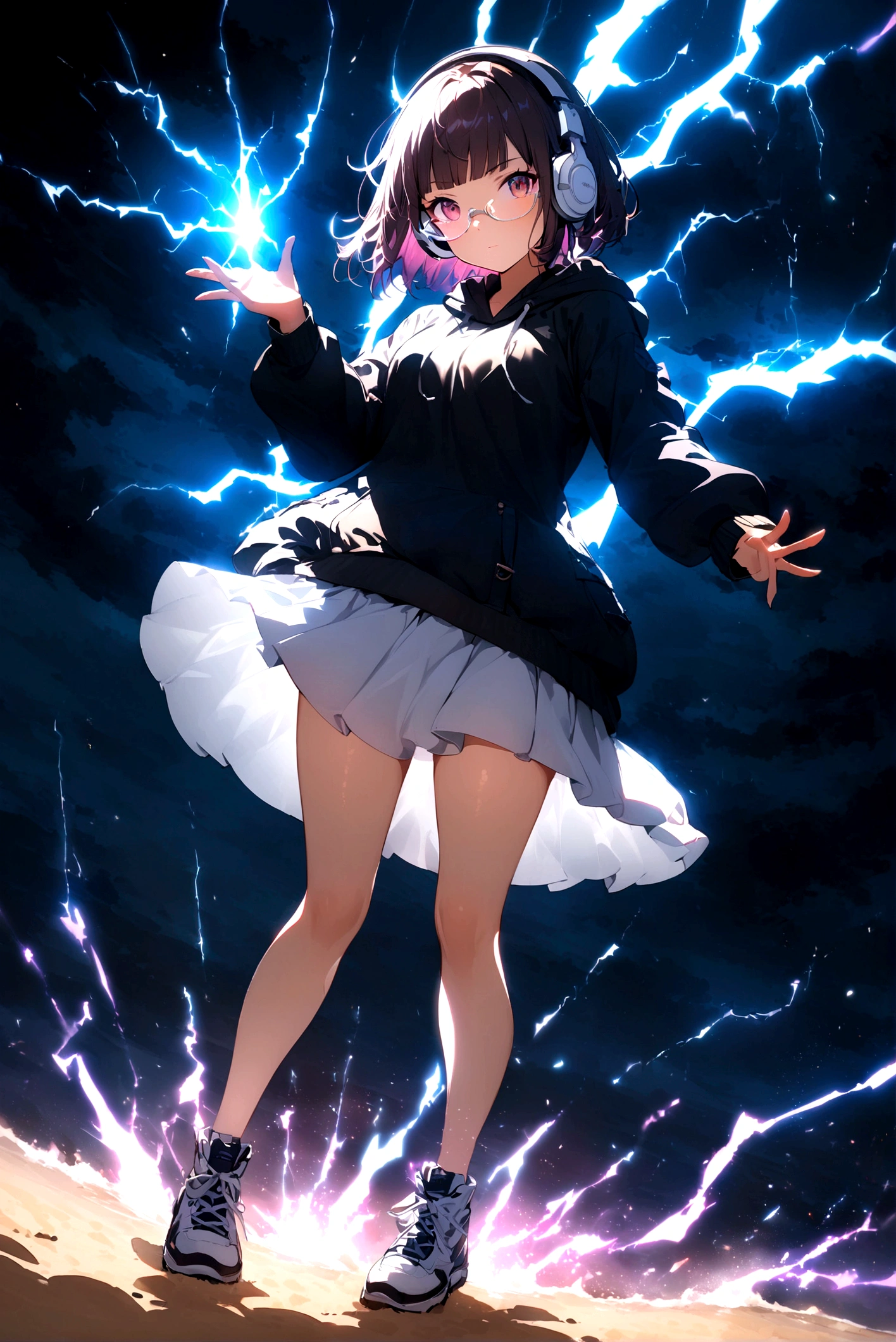 (extremely detailed fine touch:1.3), 1 girl, (((white semi-rimless eyewear:1.3))), (white headphone:1.2), short hair, blunt bangs, 1 girl, Full body, sandy beach, hoodie, glistening skin, supernatural powers to strike lightning, thunder, electrified aura, charged atmosphere,