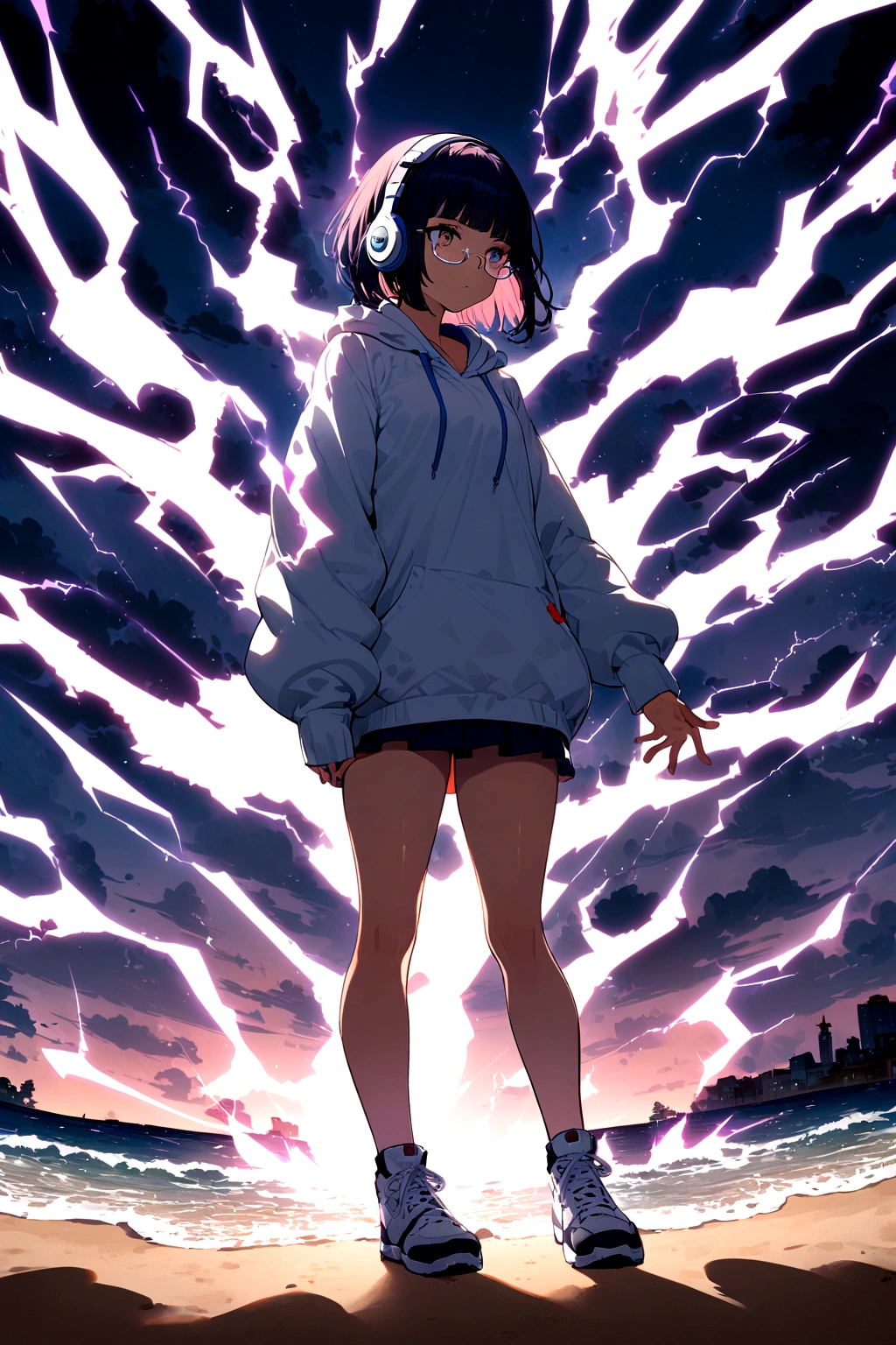(extremely detailed fine touch:1.3), 1 girl, (((white semi-rimless eyewear:1.3))), (white headphone:1.2), short hair, blunt bangs, 1 girl, Full body, sandy beach, hoodie, glistening skin, supernatural powers to strike lightning, thunder, electrified aura, charged atmosphere,