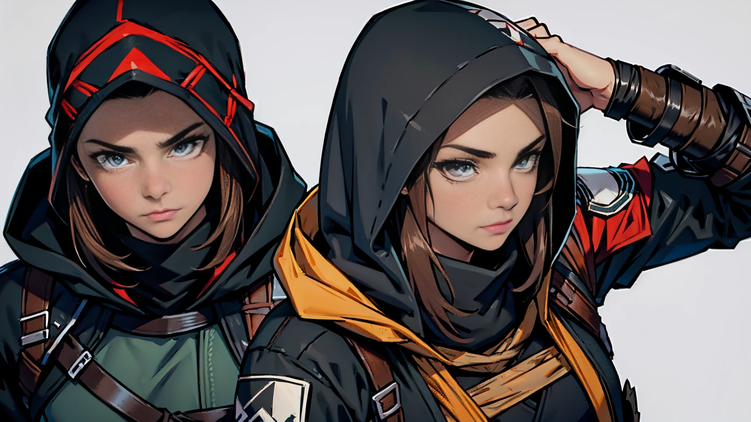 1 female, medium length brown hair with widows peak, hazel eyes, wearing all black, assassins creed shinobi with hood up, tanto