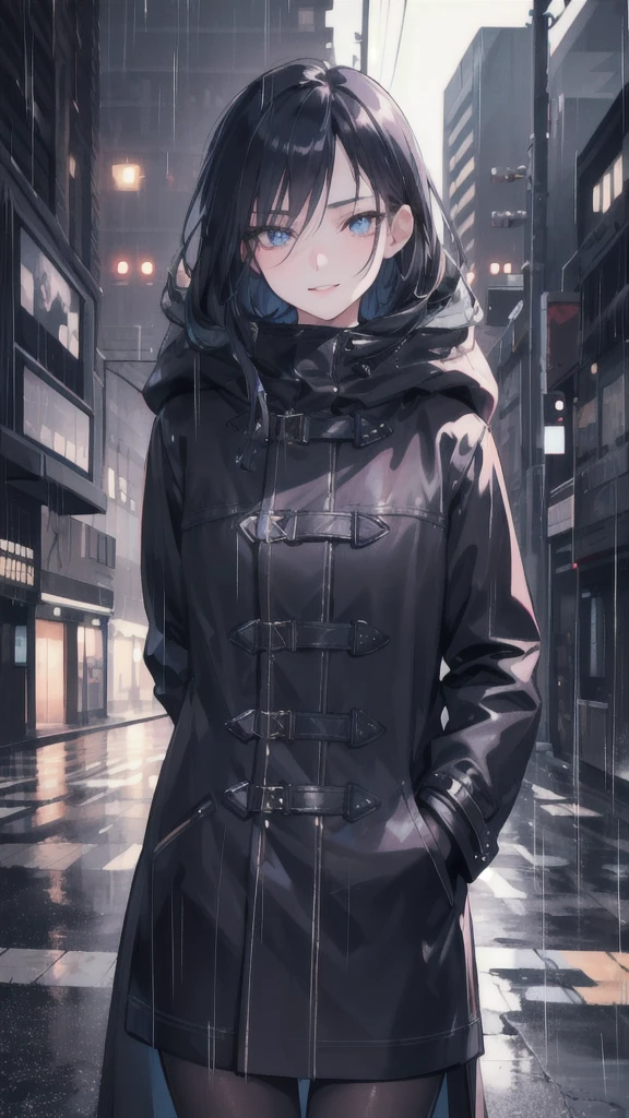 1girl, night city, rain, coat, hands in pockets, beautiful detailed eyes, beautiful detailed lips, extremely detailed face, longeyelashes, urban atmosphere, shy smile, moody lighting, dramatic colors, cinematic, 8k, detailed, photorealistic, masterpiece, professional,delicate face