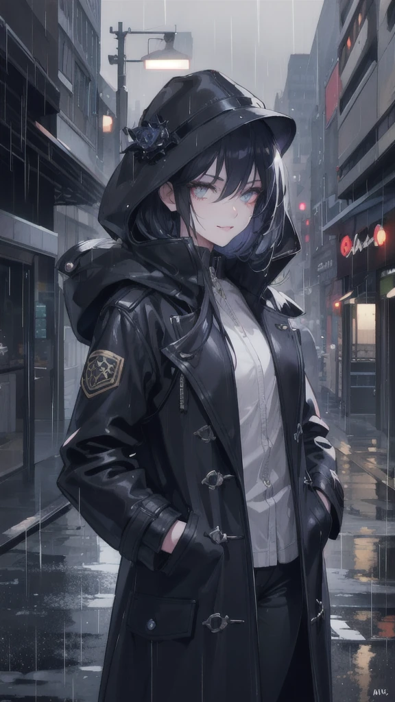 1girl, night city, rain, coat, hands in pockets, beautiful detailed eyes, beautiful detailed lips, extremely detailed face, longeyelashes, urban atmosphere, shy smile, moody lighting, dramatic colors, cinematic, 8k, detailed, photorealistic, masterpiece, professional,delicate face