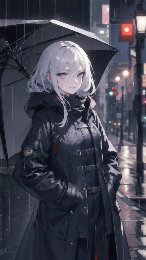 1girl, night city, rain, coat, hands in pockets, beautiful detailed eyes, beautiful detailed lips, extremely detailed face, longeyelashes, urban atmosphere, shy smile, moody lighting, dramatic colors, cinematic, 8k, detailed, photorealistic, masterpiece, professional,delicate face