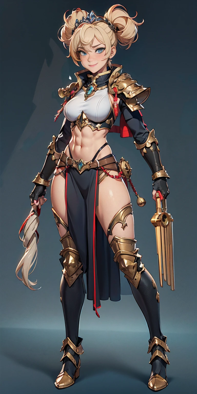 whole body, red breastplate, Redskin, looking at the viewer, bright,armor, Thighs, waders,shoulder armor, failures, Poland, gloves, gauntlets, Rerebrace armored boots, shoulder pads,(Masterpiece, Best Quality, ultra detailed, best shadow) yordle (1 girl)( Redskin:1.2) pointy ears muscular lean platinum blonde long twin-tails hairstyle at the office lustful smirking smile face red blushed, blush, strong abs, female bodybuilder, tiara, double hair drills