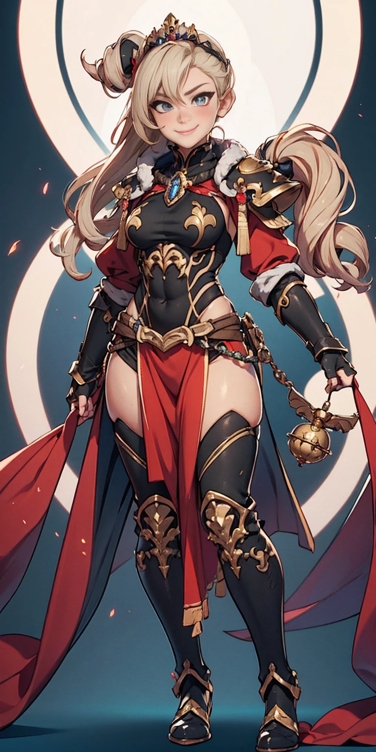 whole body, red breastplate, Redskin, looking at the viewer, bright,armor, Thighs, waders,shoulder armor, failures, Poland, gloves, gauntlets, Rerebrace armored boots, shoulder pads,(Masterpiece, Best Quality, ultra detailed, best shadow) yordle (1 girl)( Redskin:1.2) pointy ears muscular lean platinum blonde long twin-tails hairstyle at the office lustful smirking smile face red blushed, blush, strong abs, female bodybuilder, tiara, double hair drills