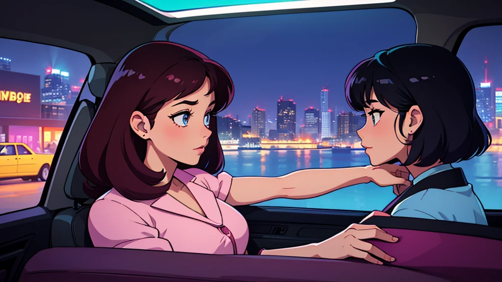 Create a CG anime-style illustration of a very beautiful woman from the 1980s, driving through a nighttime cityscape. The woman should have an elegant and glamorous look typical of the 80s, with styled hair and fashionable clothing. Capture her side profile from inside the car, showing her focused expression as she drives. The cityscape outside should be illuminated with neon lights and reflections, creating a vibrant, bustling atmosphere. Use rich, saturated colors to enhance the retro aesthetic and make the scene visually striking. The overall vibe should be a blend of nostalgic charm and modern sophistication, perfect for an engaging and eye-catching image.
