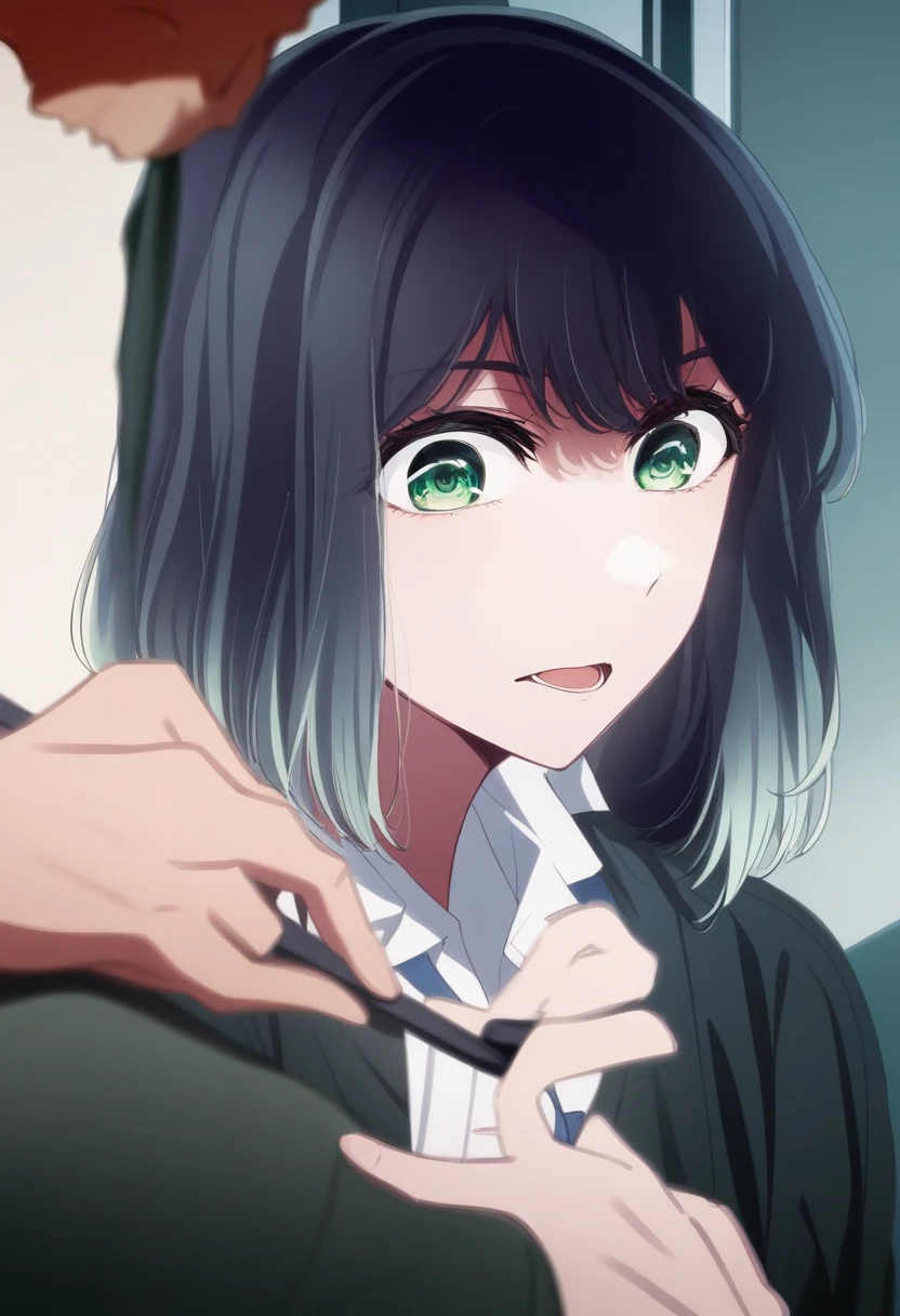 akanekurokawa, akane kurokawa, bangs, (green eyes:1.3), blue hair, medium hair, dark blue hair,
BREAK shirt, , white shirt, necktie, collared shirt, vest, blue necktie,
BREAK indoors, classroom,
BREAK looking at viewer, (cowboy shot:1.5),
BREAK (masterpiece:1.2), best quality, high resolution, unity 8k wallpaper, (illustration:0.8), (beautiful detailed eyes:1.6), extremely detailed face, perfect lighting, extremely detailed CG, (perfect hands, perfect anatomy),