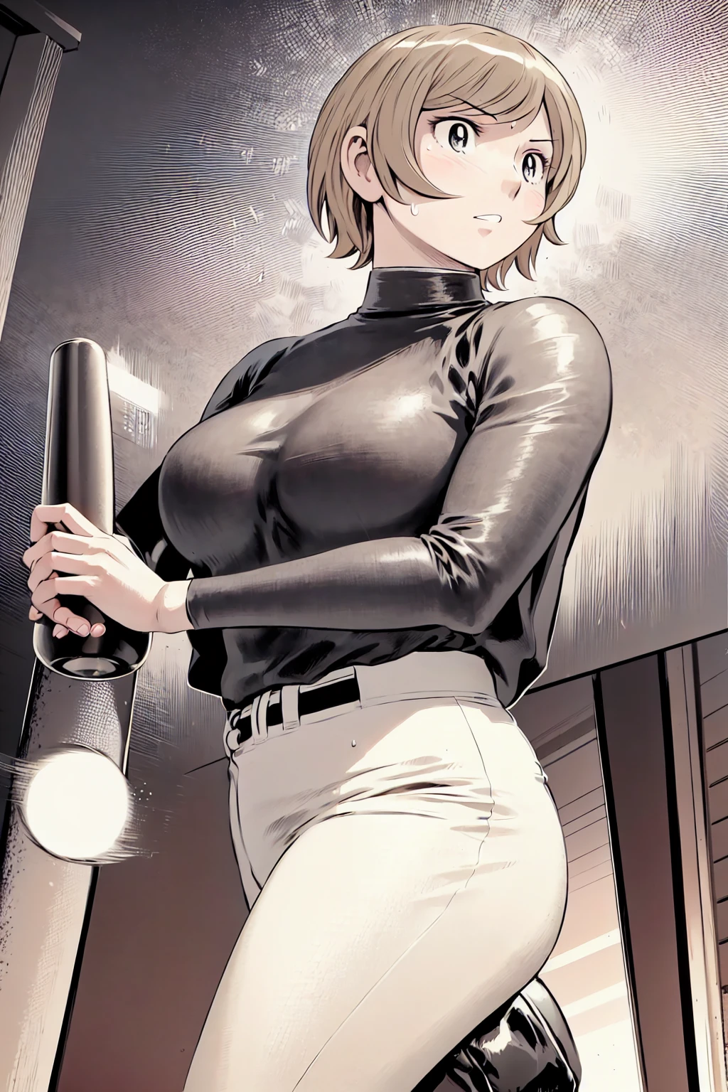 (野球uniform:1.2),
blonde, (short hair:1.2),Long sleeve, Black Shirt, turtleneck,White trousers、uniform、Black belt、((Illustration of people))、big 、Covered in mud、Soil stains、ドロドロのuniform、Baseball Cap、
View your viewers,, (Highest quality:1.3),One Girl, White pants、uniform、Outdoor、baseball ground、ground、soil、blue eyes、Tight black shirt、(masterpiece、Highest quality)、Highest quality, Ultra-high resolution, (((masterpiece))), alone, Sweat、big eyes、big Breasts、Torn clothes、 Fully exposed、Nipples、One Girl, Front view、Embarrassed face、Bronze colored hair、((short hair))、Stand up straight、Cowboy Shot