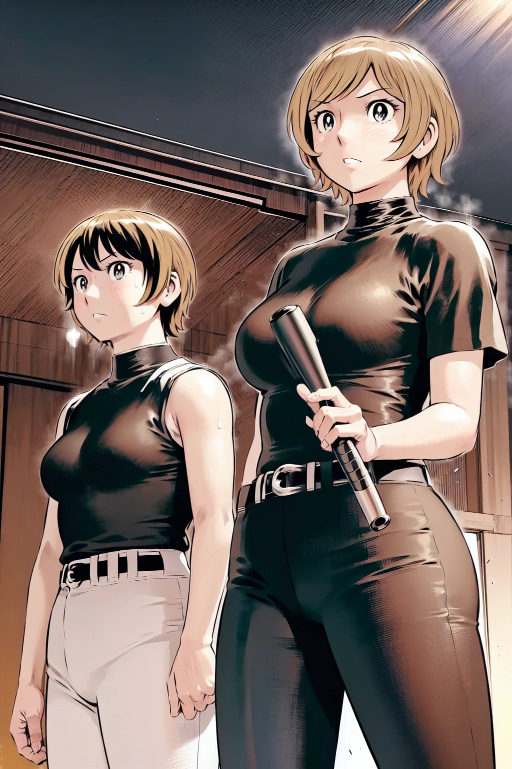 (Baseball uniforms:1.2),
blonde, (short hair:1.2),White trousers、Black belt、((Illustration of people))、Tube top bra、
View your viewers,, (Highest quality:1.3), White pants、Outdoor、baseball ground、ground、soil、blue eyeasterpiece、Highest quality)、Highest quality, Ultra-high resolution, (((masterpiece))), alone, Sweat、Big eyes、Large breasts、Torn clothes、 Fully exposed、Nipples、One Girl, Front view、Embarrassed face、Bronze colored hair、((short hair))、Stand up straight、Cowboy Shot