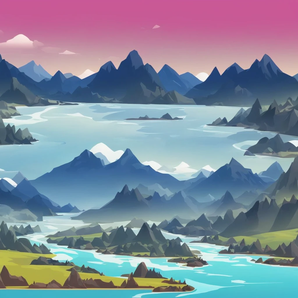 A scenic panoramic view of mountain, river, sky, vector style