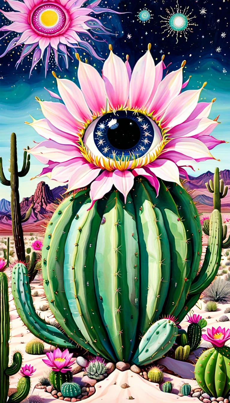 &quot;???? Ellescas Artist Style&quot; Wide Desert，cactus，plant，flower，Tentacles，Eye、Starry Sky，Stitching together an abstract painting，Describing the inner world of autistic people，Sense of space，White Space，interesting，Innocence，Psychedelic Art，Pink theme